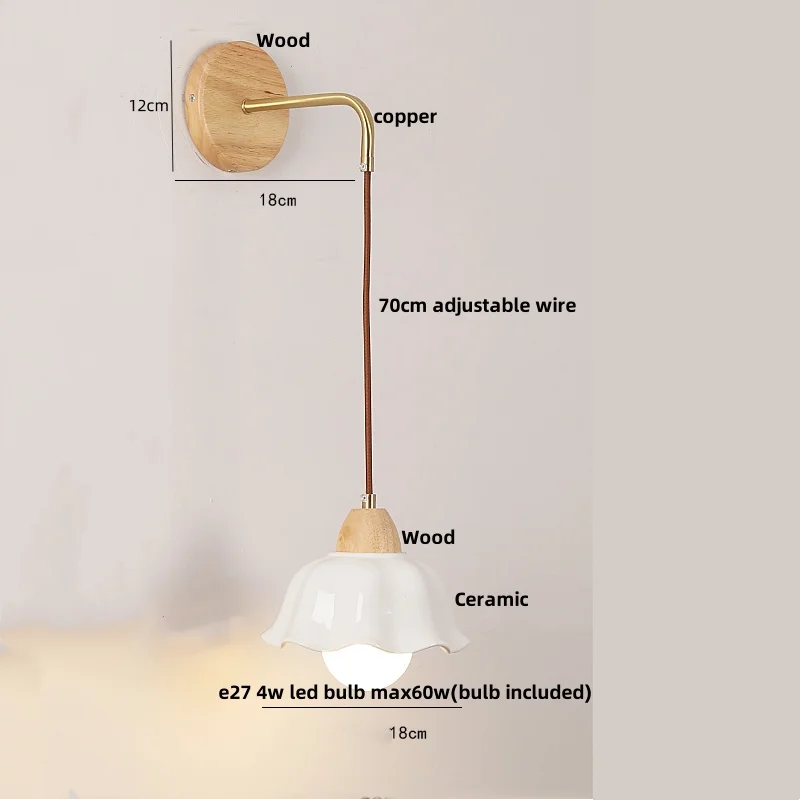Helnys Wood Glass LED Wall Light Fixture with Pull Chain Switch