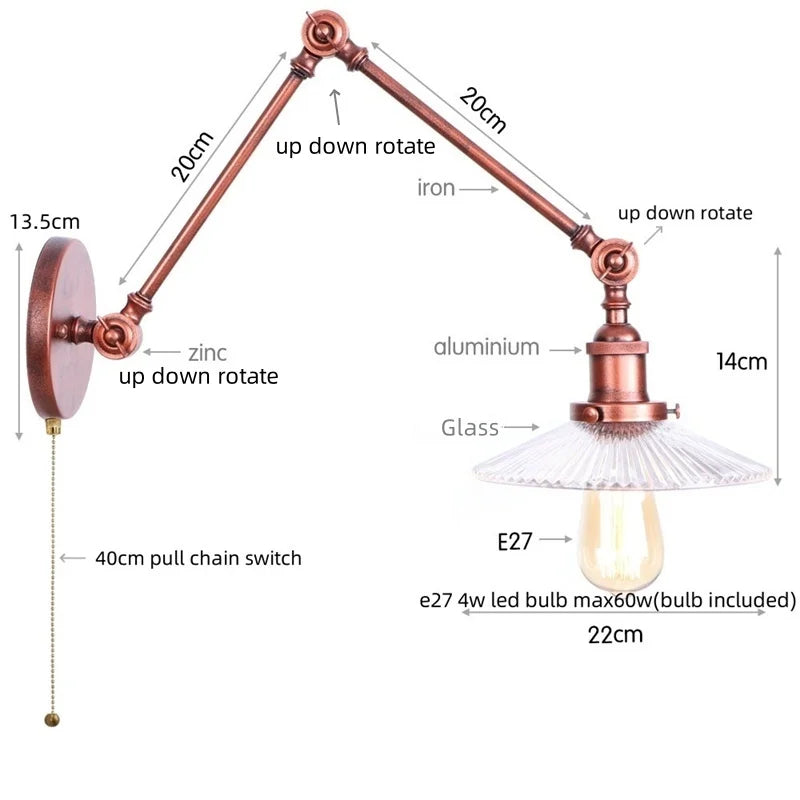 Helnys Adjustable Glass Wall Sconce Pull Chain Switch Industrial Rustic LED Fixture