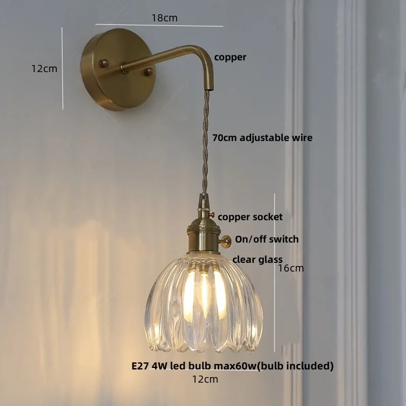 Helnys Smoke Gray Glass LED Wall Light with Pull Chain Switch - Minimalist Design
