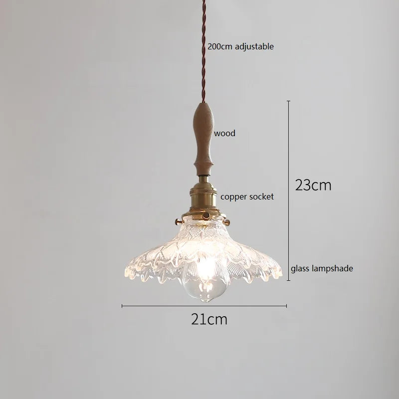 Helnys Wood Handle Copper LED Pendant Lights Fixture Modern Hanging Lamp