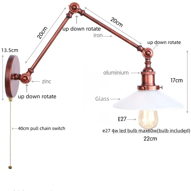 Helnys Vintage Swing Arm Wall Lights with Pull Chain Switch and Glass Ball