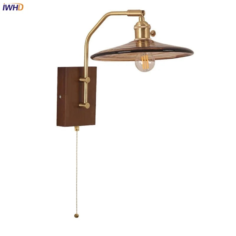 Helnys Walnut Wood LED Wall Light Fixture Glass Pull Chain Switch