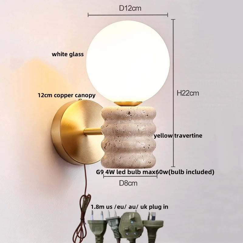 Helnys LED Wall Light Fixture Modern Nordic Design 2 Yellow Travertine Stone Wood Bedside Lamp
