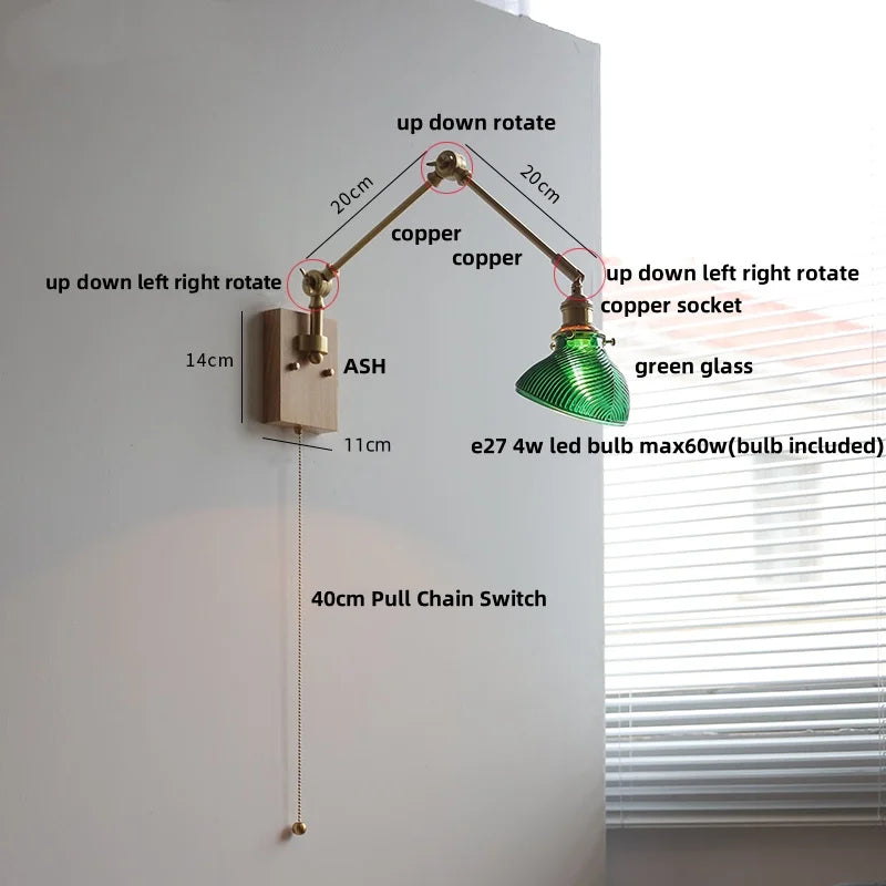 Helnys Green LED Swing Arm Wall Lamp Sconce with Walnut Wood Finish