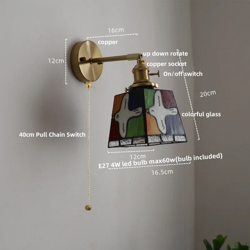 Helnys Tiffany Style Glass Pull Chain Wall Light Rotation Dining Bedroom Fixture