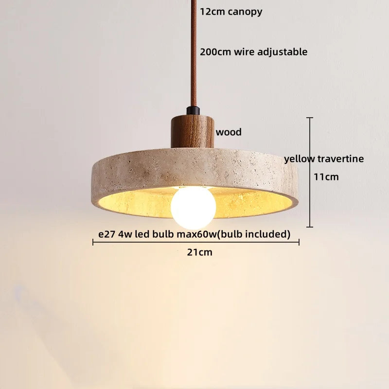 Helnys Yellow Travertine LED Pendant Lights Fixture Glass Stone Wood Nordic Hanging Lamp