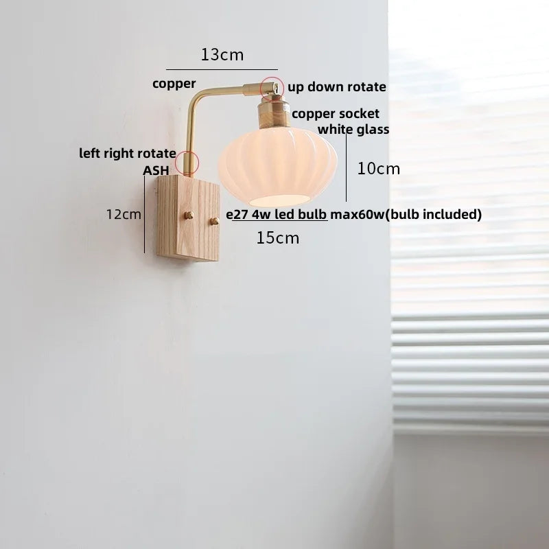 Helnys Ash Wood LED Wall Light with Pull Chain Switch & Rotatable White Glass
