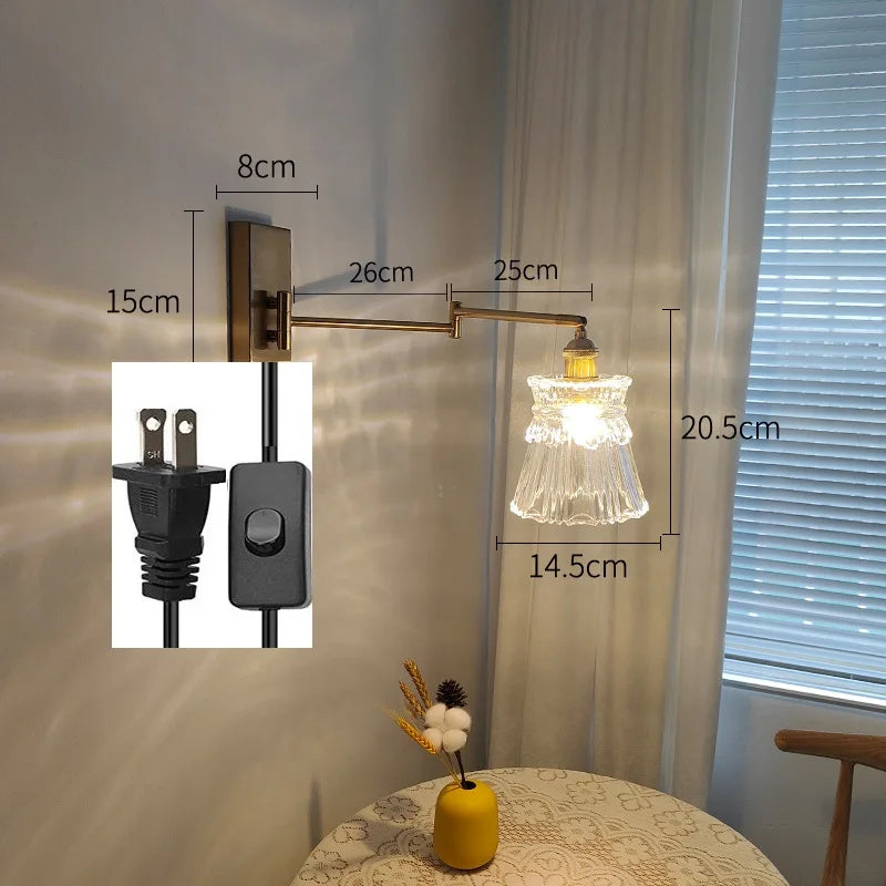 Helnys Glass LED Wall Sconce Adjustable Arm Bedroom Living Room Lamp