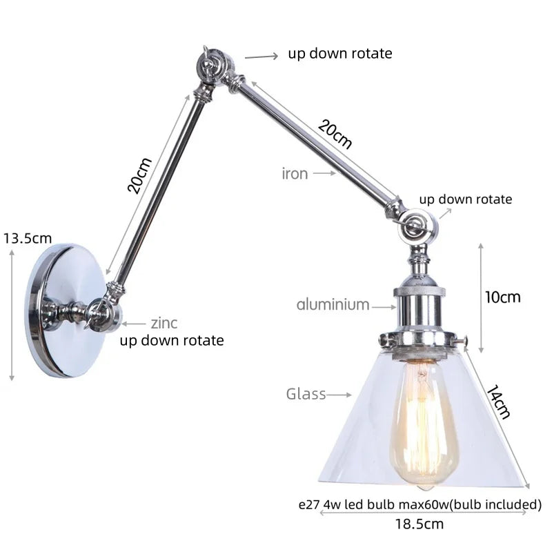 Helnys Chrome Industrial Swing Arm LED Wall Sconce Clear Glass Lamparas De Pared