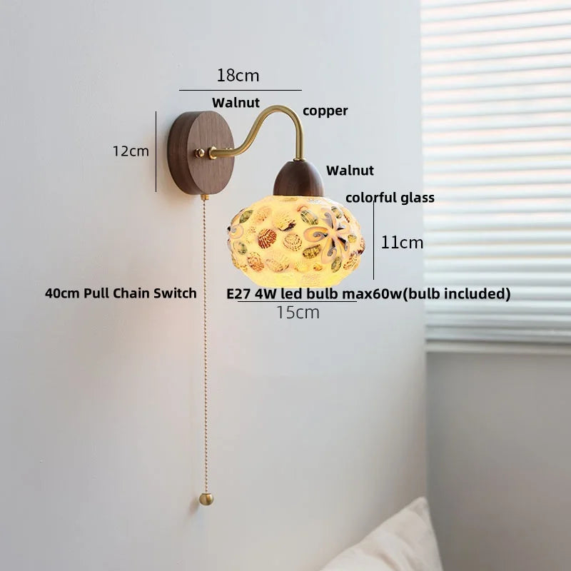 Helnys Tiffany Style LED Wall Sconce Pull Chain Switch Colorful Glass Stair Light
