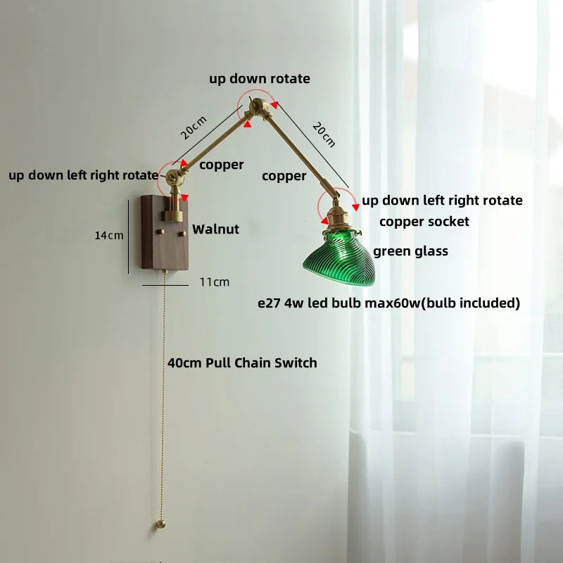 Helnys Copper LED Swing Arm Wall Sconce Walnut Finish, Pull Chain Switch Home Decor