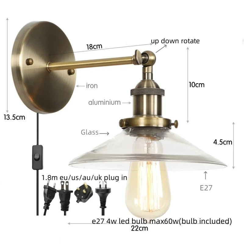 Helnys Vintage Industrial LED Wall Lamp Clear Glass Gold Bedside Light