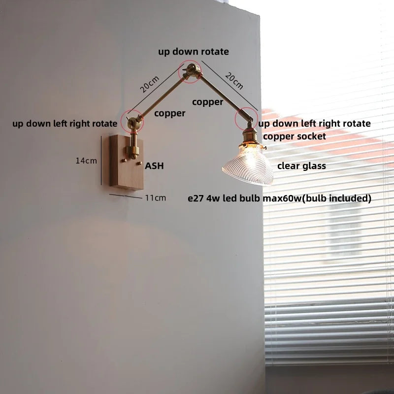 Helnys Green LED Swing Arm Wall Lamp Sconce with Walnut Wood Finish