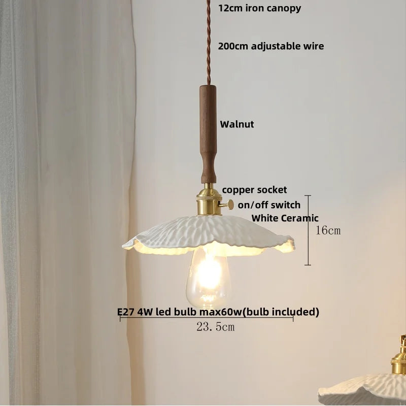Helnys White Ceramic LED Pendant Light with Walnut Wood Detail - Nordic Modern Design