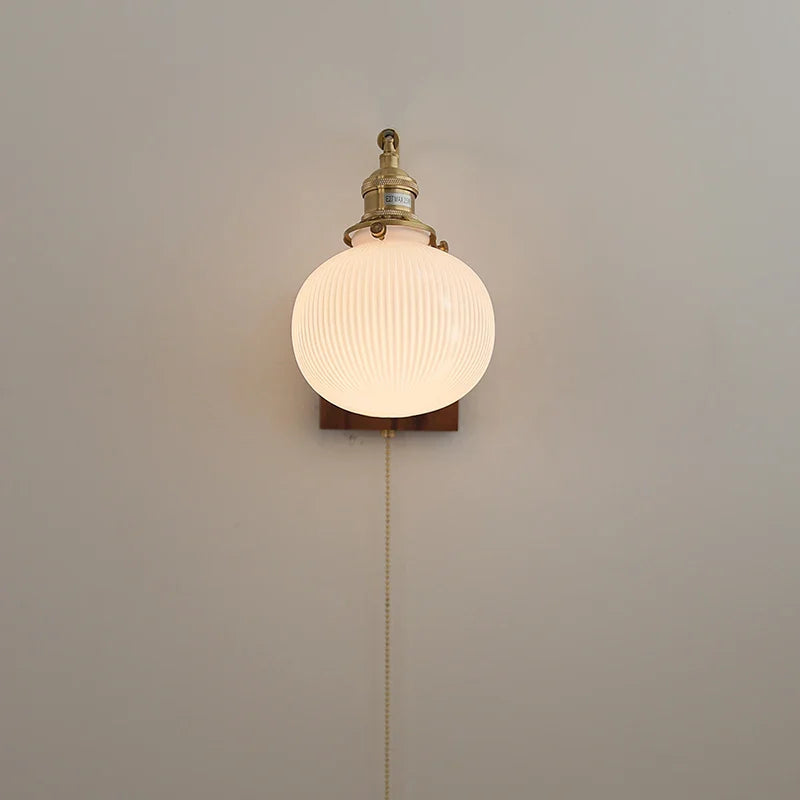 Helnys Globe Ceramic LED Wall Light Walnut Wood Sconce with Pull Chain Switch