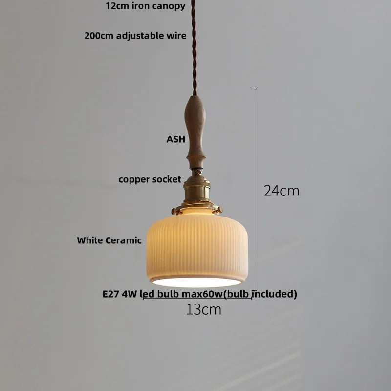 Helnys Adjustable LED Pendant Lights Ash Wood White Ceramic Nordic Hanging Lamp