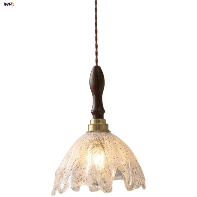 Helnys Nordic LED Pendant Lamp Walnut Wood Glass Hanging Light