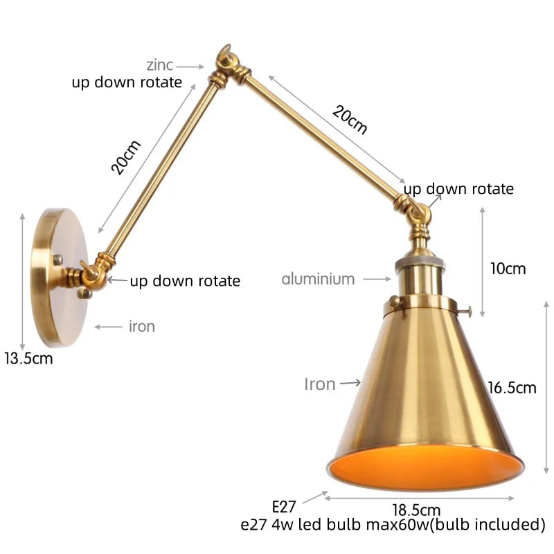 Helnys Retro LED Swing Arm Wall Sconce Black Industrial Vintage Loft Lamp