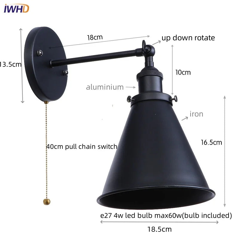 Helnys Industrial Iron LED Wall Lamp Plug In Stair Light Fixture Bedroom Aisle Vintage