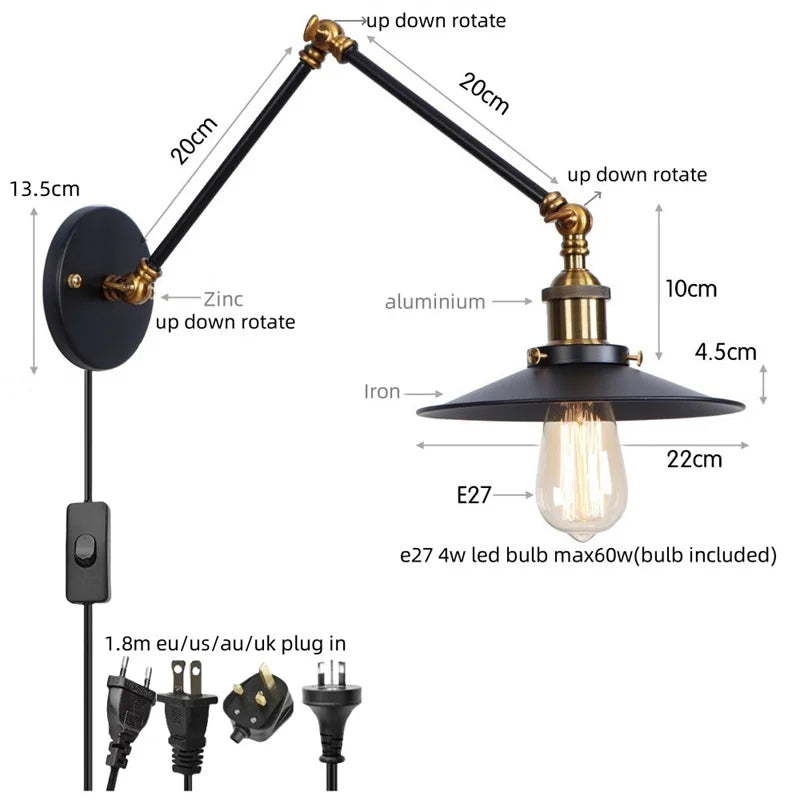Helnys Rustic Vintage LED Wall Lamp Pull Chain Switch Stair Light Fixtures