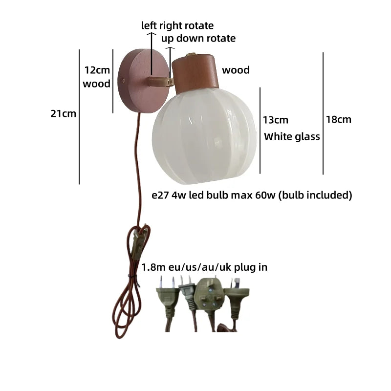 Helnys Wood Cream Glass Wall Lamp for Living Room & Bathroom