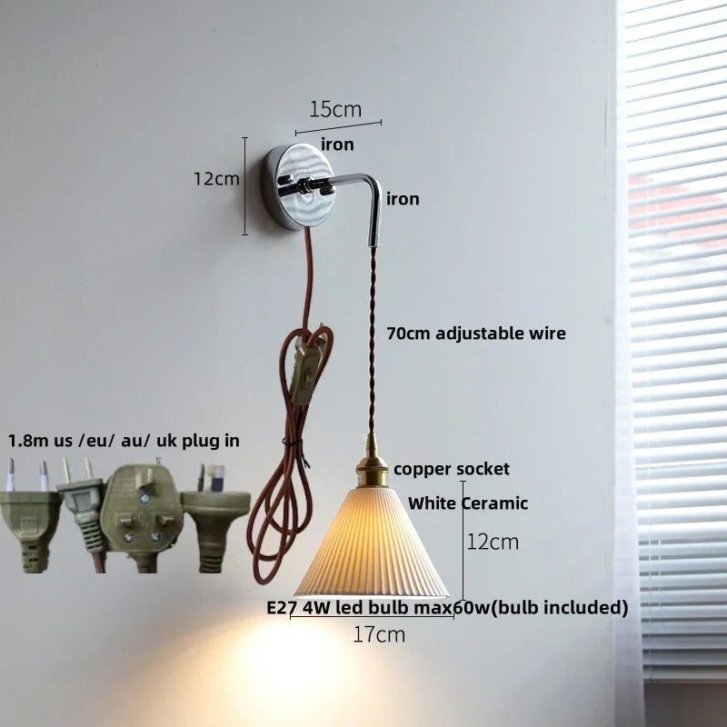 Helnys Nordic LED Wall Light Pull Chain Switch Adjustable Sconce White Ceramic