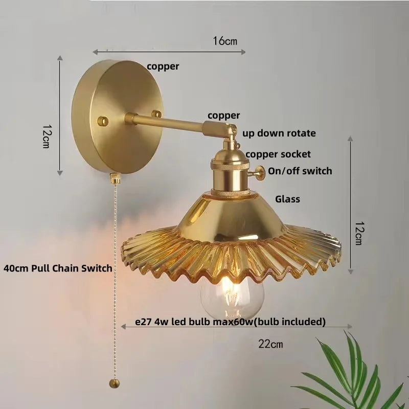 Helnys Green Glass LED Wall Lights with Pull Chain Switch for Home Decor