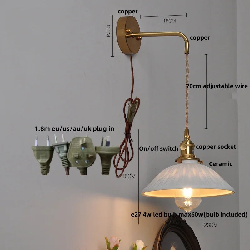 Helnys Nordic LED Wall Light Brass Bedside Lamp Chrome Pull Chain Switch