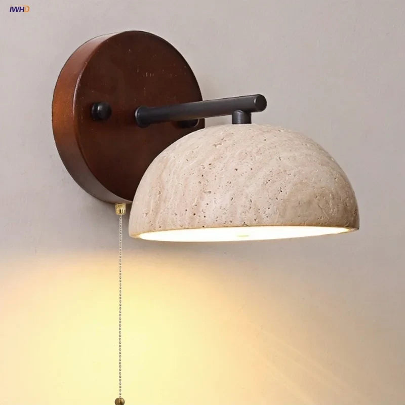 Helnys Canopy LED Wall Light Yellow Travertine Bedside Lamp Modern Iron Fixture