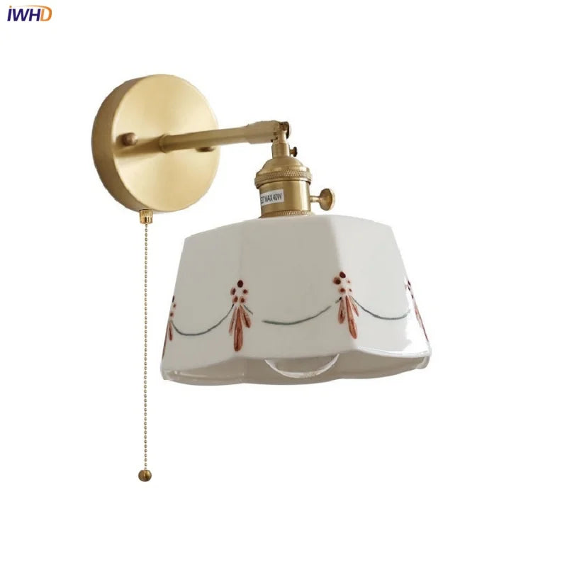 Helnys LED Ceramic Brass Wall Light Fixture Pull Chain Switch Bedside Lamp