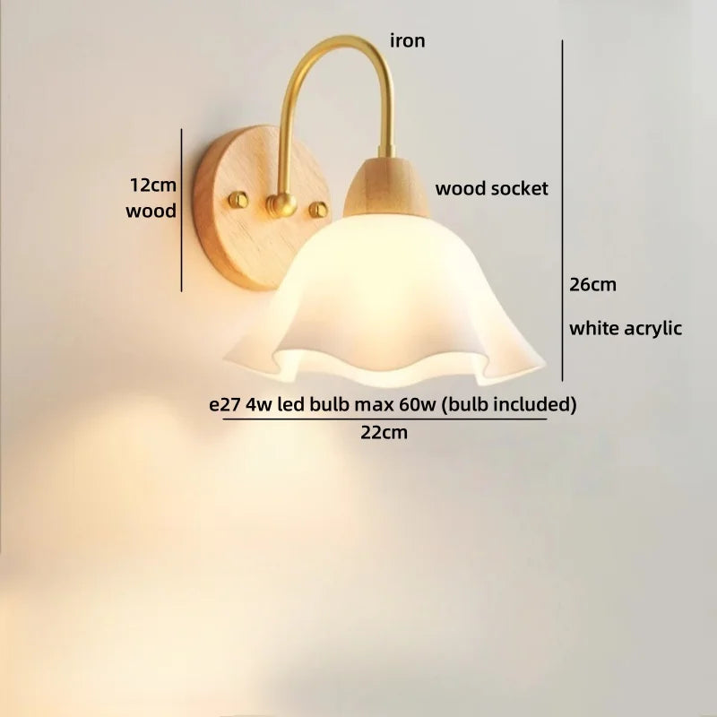 Helnys Art White Flower Wall Lamp with LED Light & Wood Shade