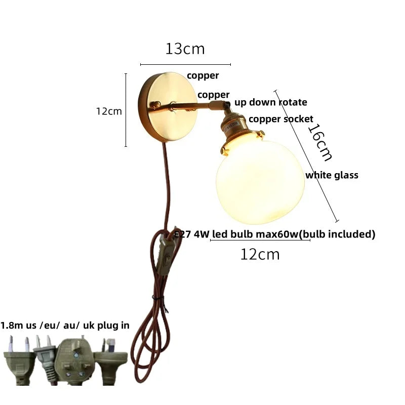 Helnys Glass LED Wall Sconce with Pull Chain Switch - Modern Nordic Bathroom Mirror Light