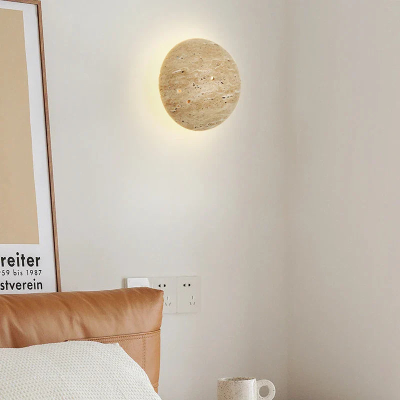Helnys Yellow Travertine Stone LED Wall Sconce Light for Bedroom Living Room