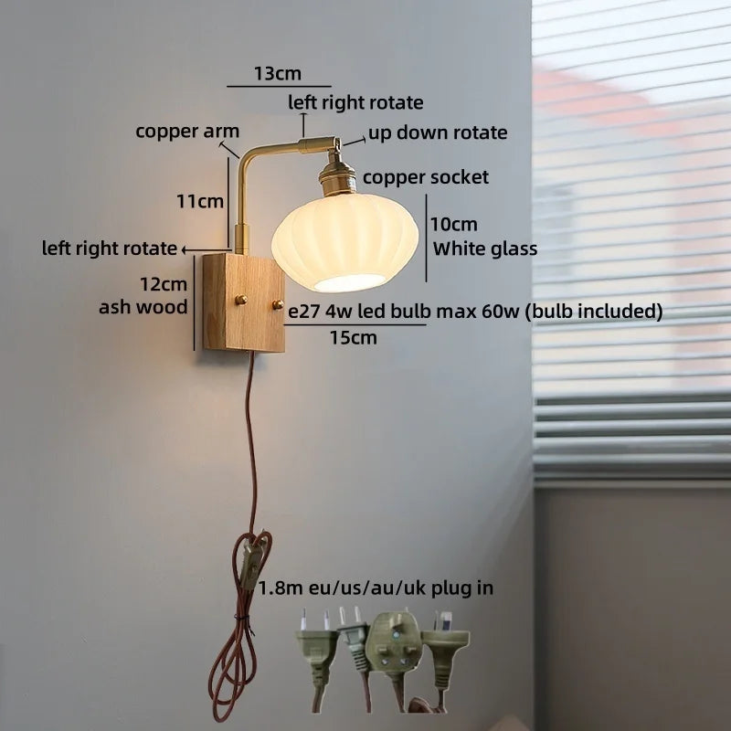 Helnys Nordic Decor LED Wall Sconce Gold Brass White Glass Pull Chain Bedroom Bedside Lamp