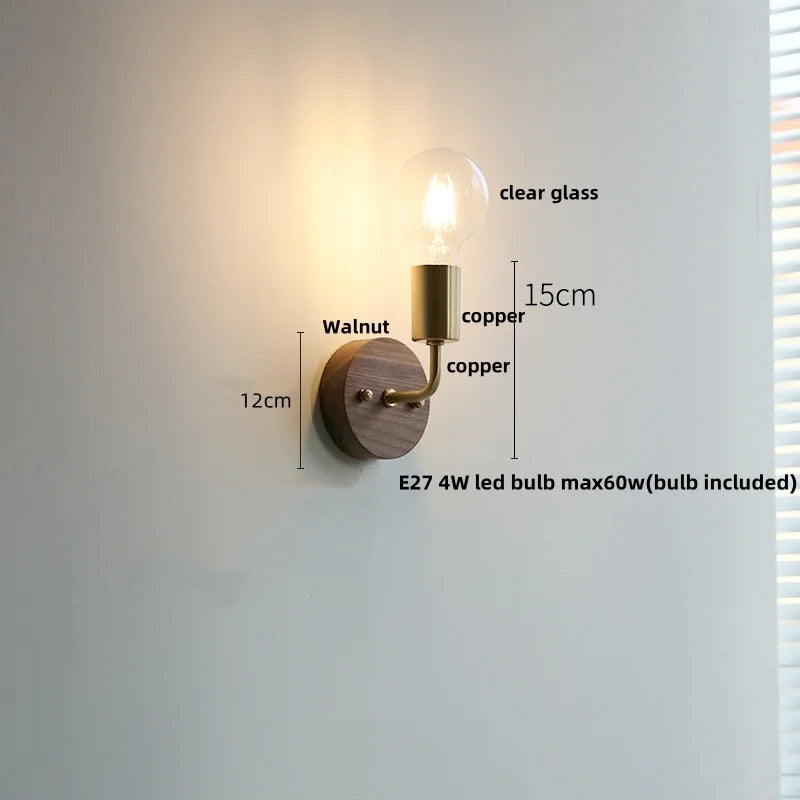 Helnys Nordic Modern Walnut Wood Wall Light with LED, Glass Shade & Pull Chain Switch
