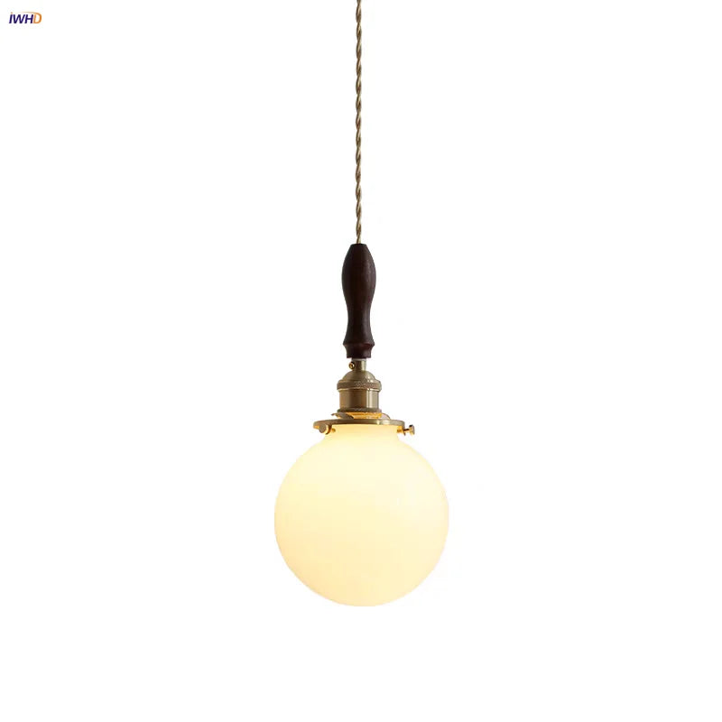 Helnys White Glass LED Pendant Light Walnut Wood Nordic Modern Hanging Fixture