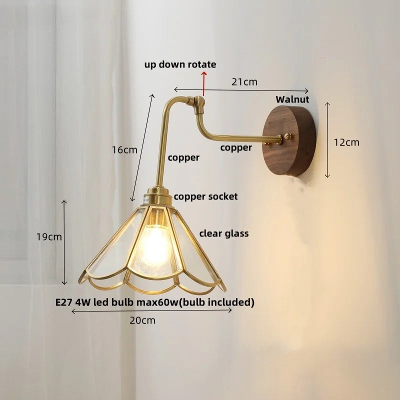 Helnys Amber Glass Wall Lights with Pull Chain Switch and Walnut Canopy