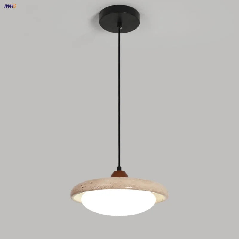 Helnys Yellow Travertine LED Pendant Light Fixture with Adjustable Wire and White Glass