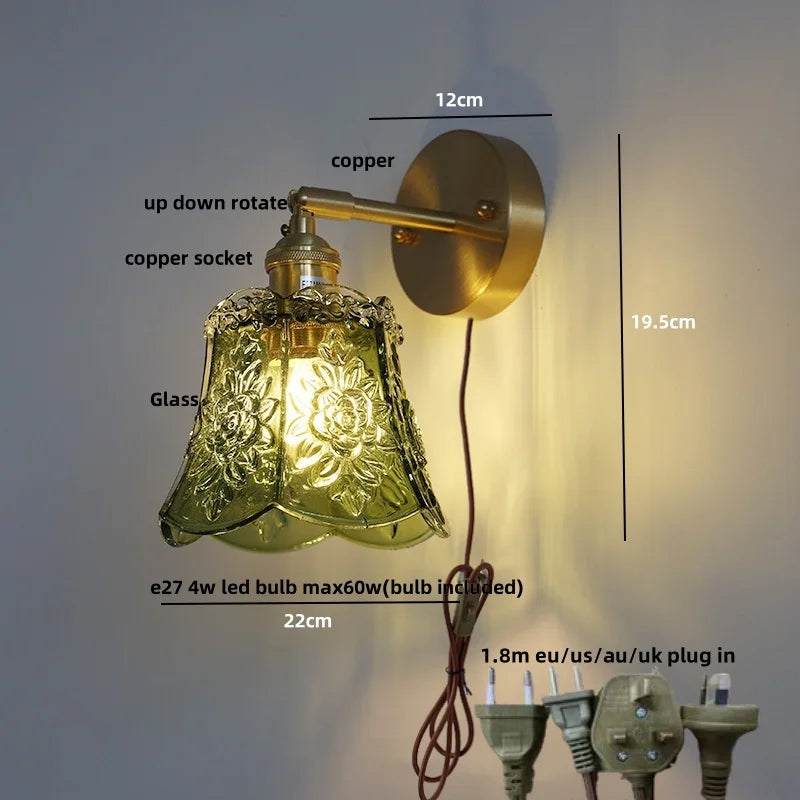 Helnys Amber Flower Glass Wall Light with Pull Chain Switch
