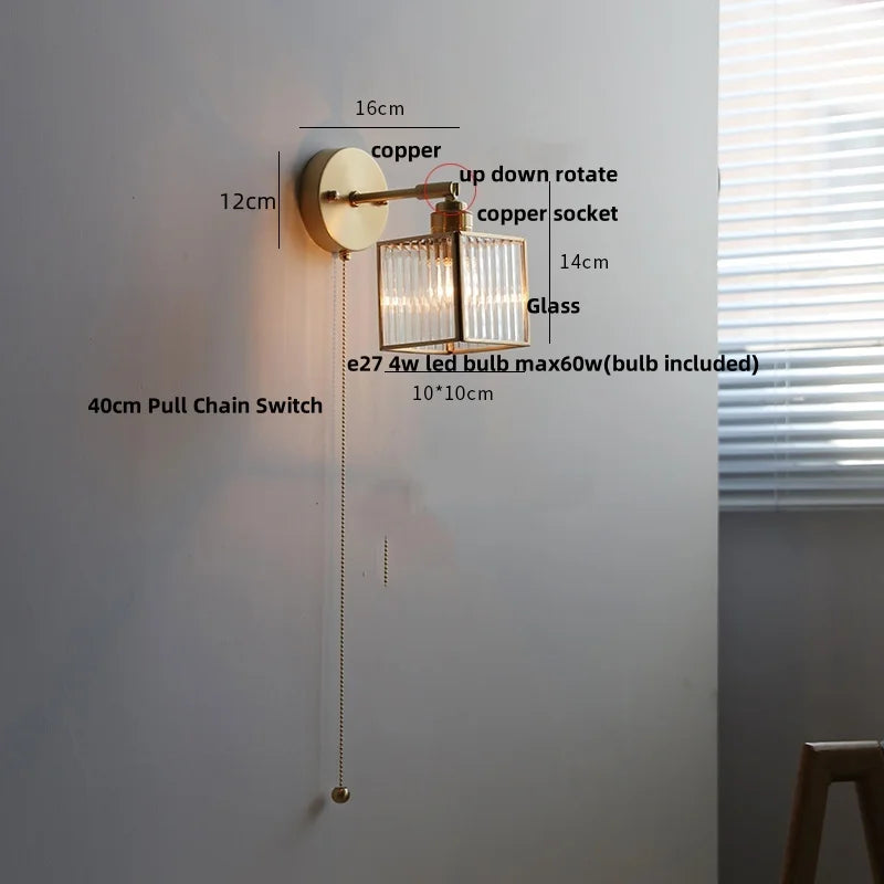 Helnys Copper LED Wall Lights Clear Glass Pull Chain Switch - Modern Nordic Style