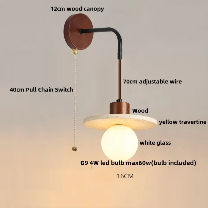 Helnys Adjustable LED Wall Lamp Pull Chain Switch Wood Nordic Modern Yellow Travertine