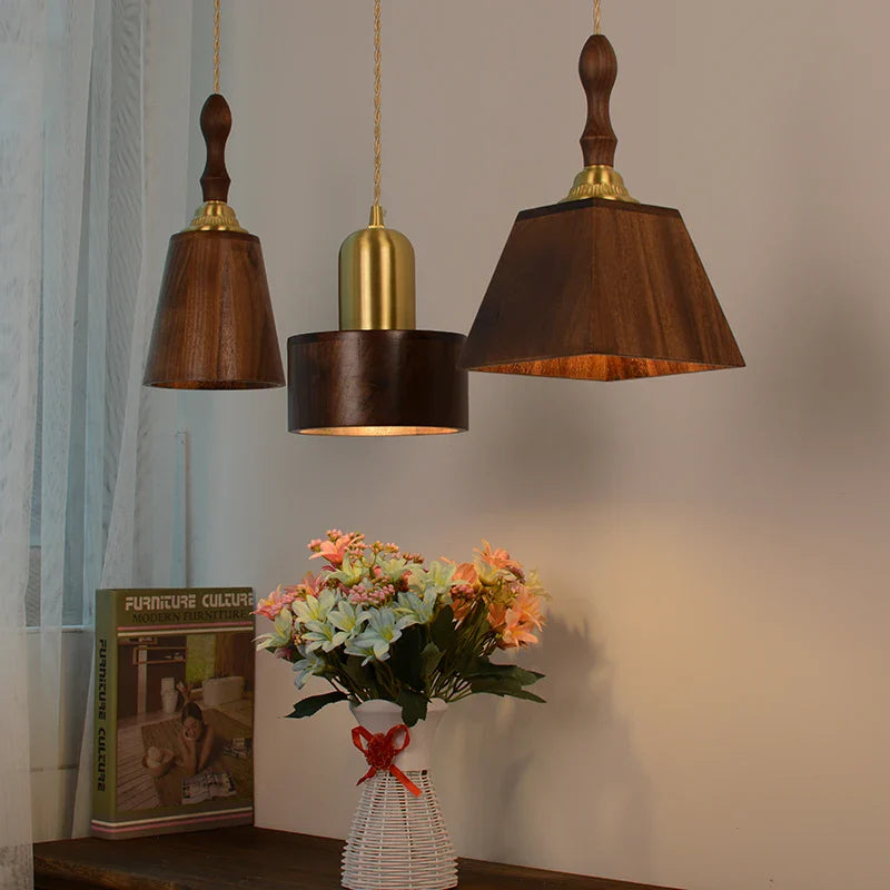 Helnys Walnut Wood LED Pendant Light Fixture for Bedroom Living Room