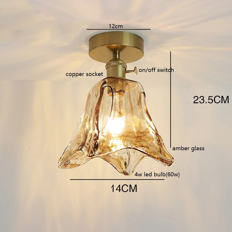 Helnys Amber Glass Ceiling Lamp LED 4W Copper Socket for Home Lighting
