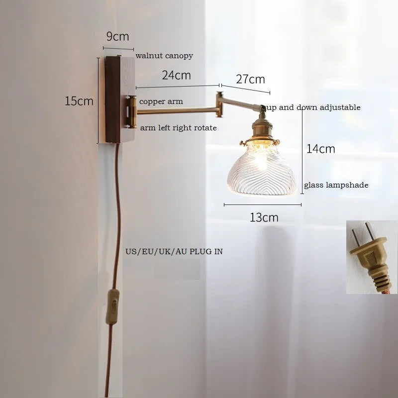 Helnys Clear Glass Copper LED Wall Lights with Pull Chain Switch and Walnut Wood Canopy