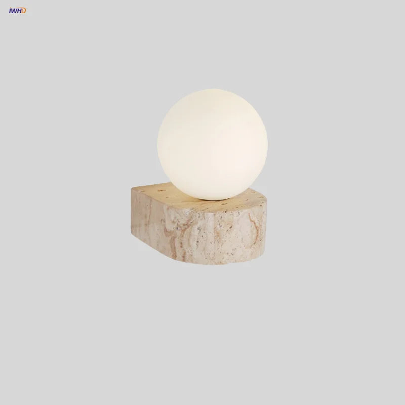 Helnys White Glass Globe LED Wall Light with Stone Base, Japan Style Sconce