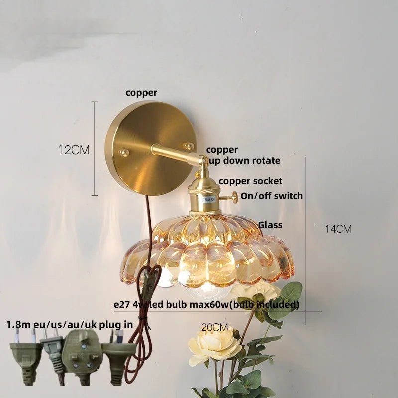 Helnys LED Wall Lights with Pull Chain Switch and Clear Glass Up Down Rotate Copper Finish
