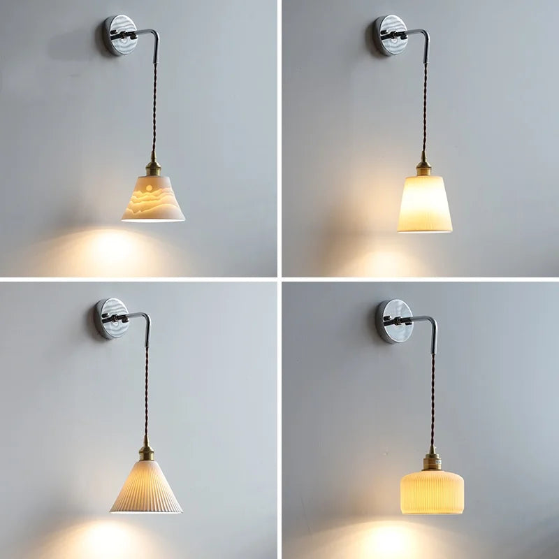 Helnys Nordic LED Wall Light Pull Chain Switch Adjustable Sconce White Ceramic