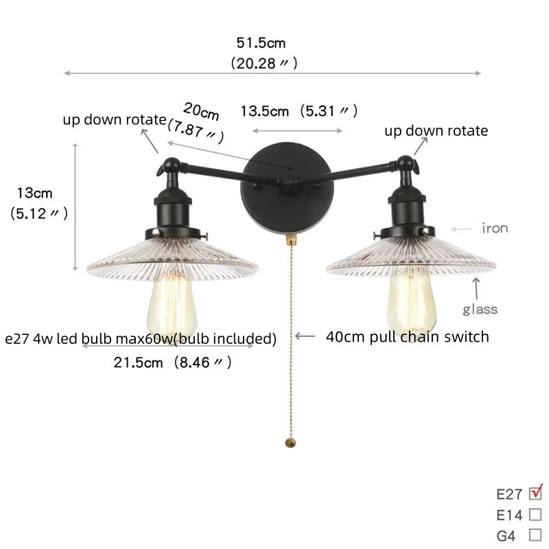 Helnys Industrial LED Wall Light with White Glass, Pull Chain Switch, 2 Heads