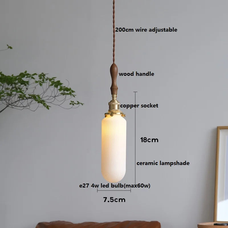 Helnys Ceramic LED Pendant Light with Wood Handle and Copper Socket