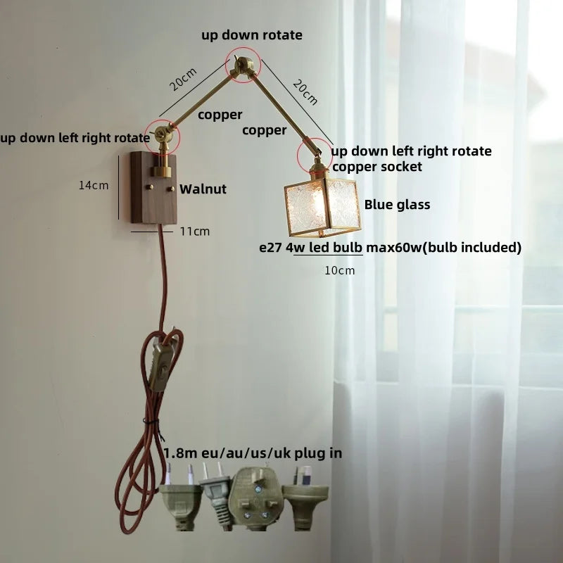 Helnys Ash Wood Swing Arm Wall Lights with Blue Glass Shade